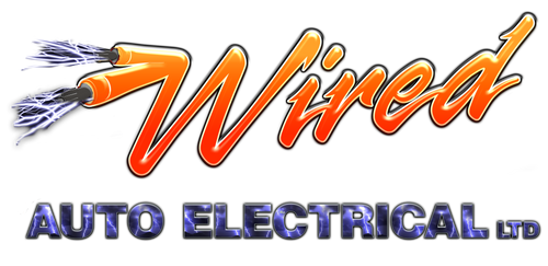 A stylized logo reading 'Wired' in orange gradient script with a blue-white lightning bolt graphic, above 'AUTO ELECTRICAL LTD' in metallic blue-purple lettering on a black background.